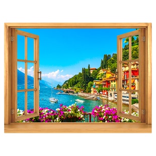 可定制仿真木纹假窗户装饰画欧式田园山水风景客厅空间延伸感挂画