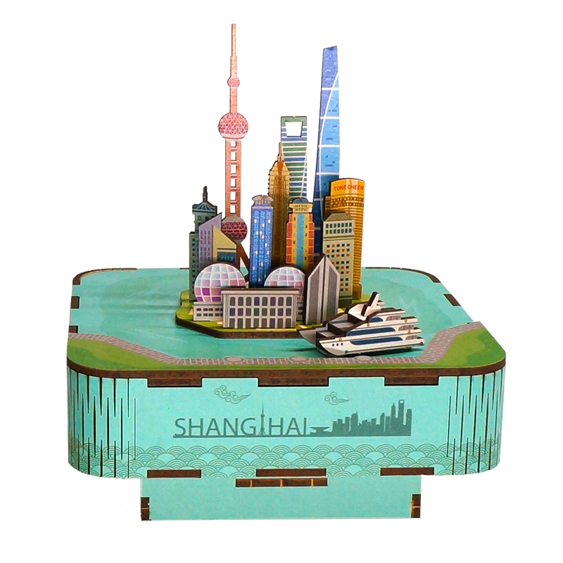 同趣拼装八音盒上海风情科技馆木质音乐盒diy手工生日礼物