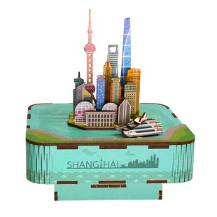 同趣拼装八音盒上海风情科技馆木质积木音乐盒diy手工新年礼物女