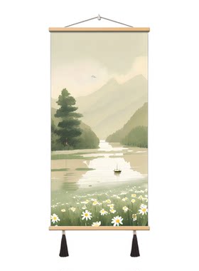 北欧风雪山风景装饰画客厅卧室挂画高清油画布流苏绳30x40