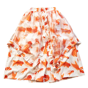 pinkwink小星夜 是鱼啊。夏季原创荷叶边网纱拼接印花复古半身裙