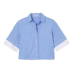 季末7折SANDRO2025秋冬新款女装法式清新格纹撞色短款棉质衬衫