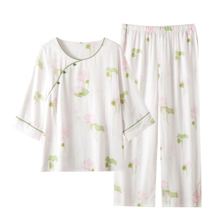国风盘扣竹棉双层纱布睡衣女春夏薄款竹纤维九分套复古优雅家居服