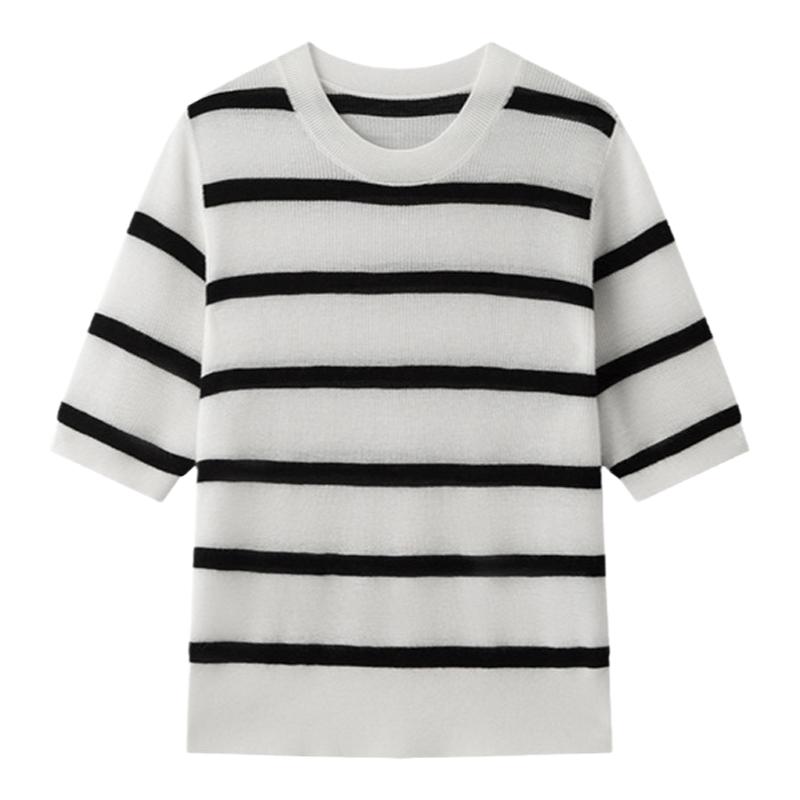 TKY SHOP圆领黑白条纹短袖针织衫女秋季宽松简约打底衫休闲薄上衣