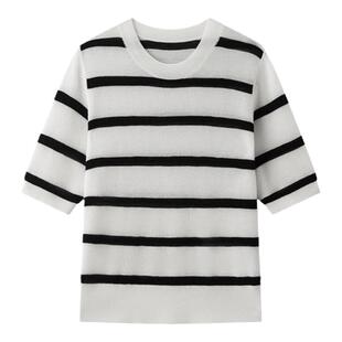 TKY SHOP圆领黑白条纹短袖针织衫女秋季宽松简约打底衫休闲薄上衣