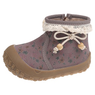 2025秋冬新款女童印花短靴软底防滑加绒皮靴中童甜美公主风马丁靴