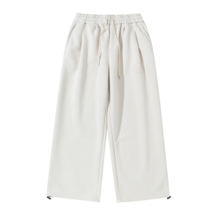 米白色打褶直筒卫裤男生2026新款秋季运动宽松长裤休闲束脚裤子