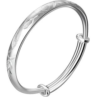 老银匠s999足银手镯实心妈妈款女士推拉式纯银镯子银饰送女友礼物