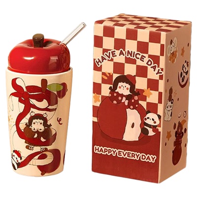 可爱苹果马克杯带盖陶瓷水杯