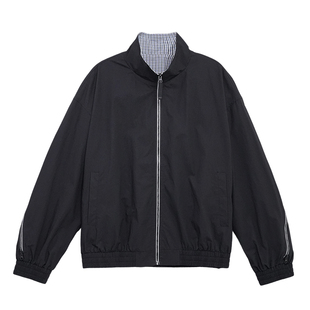 美式复古拉链装饰格纹拼接立领夹克男早春新款潮牌松弛感休闲外套