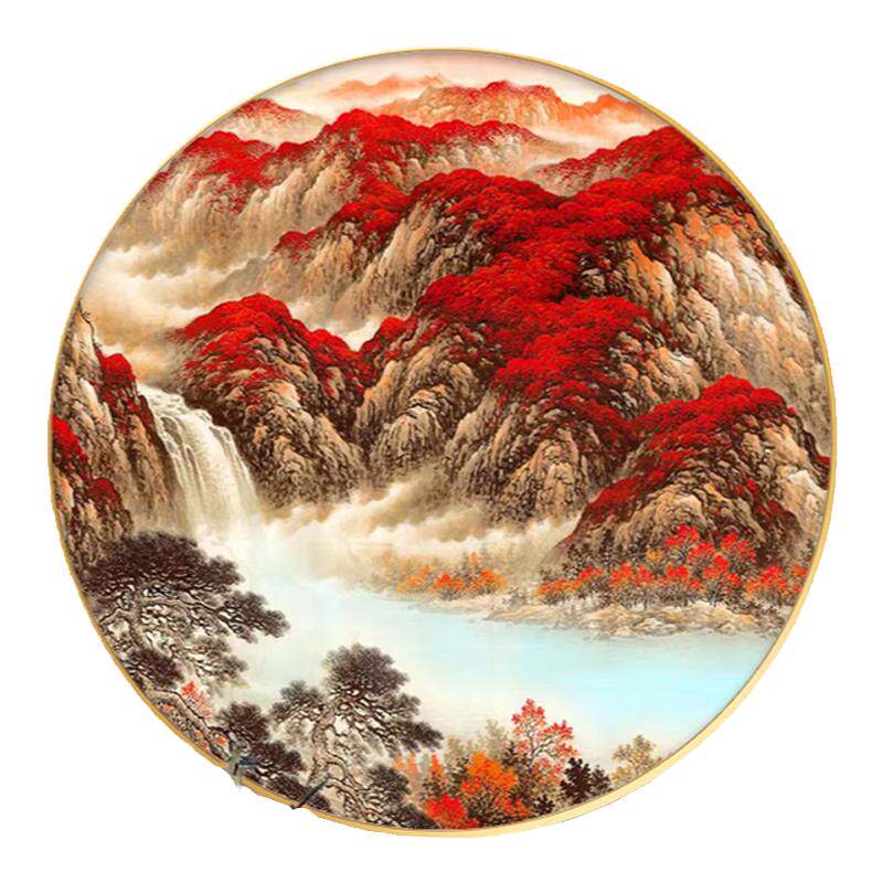 新中式圆形玄关装饰画客厅走廊过道书房茶室餐厅鸿运当头山水挂画