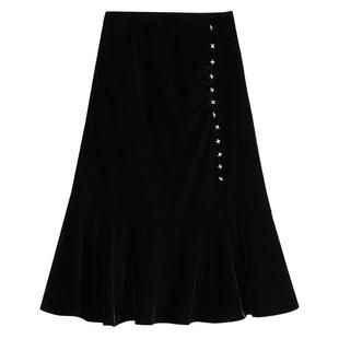 YINER音儿专选女装秋季百搭丝绒高腰过膝钉珠半身裙