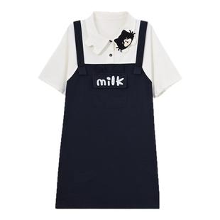 森女部落学院风可爱裙子假两件短袖连衣裙女夏季新款小个子背带裙