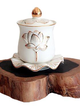 包邮精品白玉陶瓷莲花水杯家用供奉观音财神浮雕描金加盖大中小号