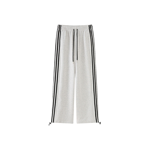 灰白色条纹运动裤女秋冬新款胖妹妹mm高腰宽松显瘦阔腿休闲卫裤潮