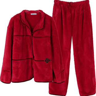 朵朵可可睡衣女秋冬新款国风柔丽绒加厚珊瑚绒红色家居服套装