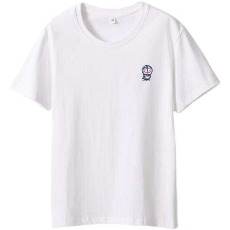 夏季纯棉短袖T恤女机器猫刺绣圆领纯色宽松大码情侣装亲子装潮ins
