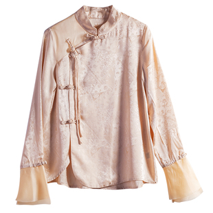 欧根纱拼接醋酸中式提花立领盘扣粉色衬衫女春秋新款女装2025上衣