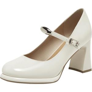 百思图2025春商场新款白色玛丽珍鞋高跟鞋粗跟浅口女单鞋F1031AQ5