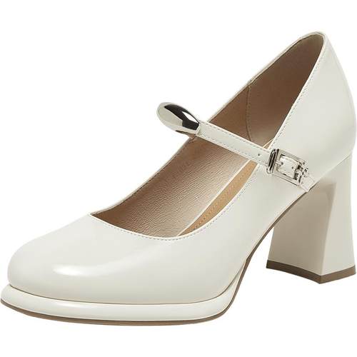 百思图2025春商场新款白色玛丽珍鞋高跟鞋粗跟浅口女单鞋F1031AQ5