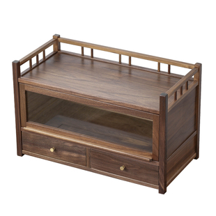 胡桃木收纳柜桌面博古架实木防尘双抽屉办公室高级茶壶茶具置物架