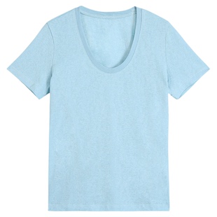 NEVA HU 白色雪花棉U领短袖t恤女夏季新款简约宽松正肩针织上衣