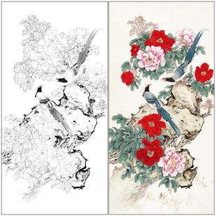 工笔画白描底稿陈军四尺《富贵吉祥》牡丹初学者临摹花鸟线稿CJ07