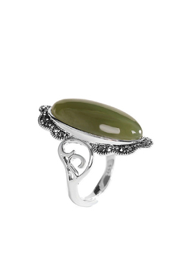 复古大蛋面花边戒指女新中式国风高级感橄榄形青玉大戒面开口指环