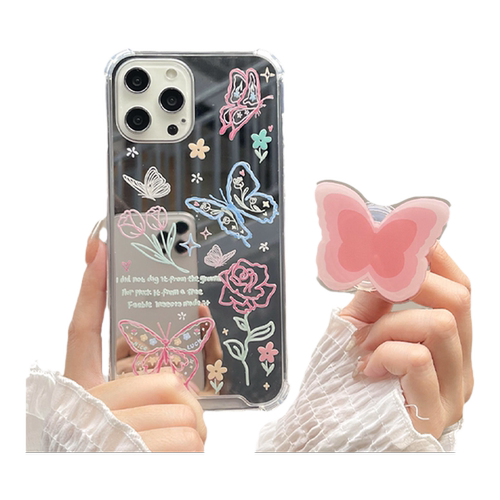 benefit少女镜面蝴蝶带支架适用15苹果13手机壳iphone14promax新款12套11文艺xsmax补妆xr全包8plus硅胶保护7