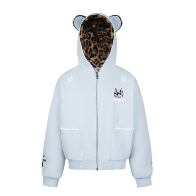 SREK可爱兔耳朵连帽棉衣冬季新款男女情侣款豹纹内里加绒棉服外套