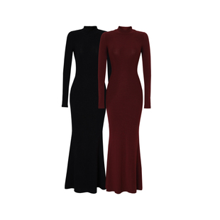 XULU原创轻奢慕斯绒纯色显瘦百搭气质知性半高领长袖包臀连衣裙