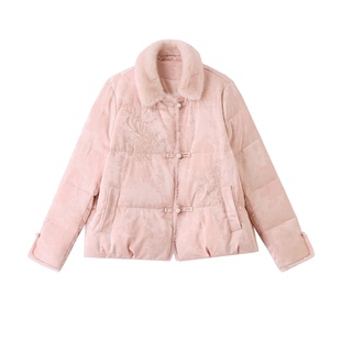 狐狸毛拼接国风刺绣羽绒服女2025冬季新款粉色洋气白鸭绒短款外套