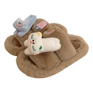 细细条 蓝白小猫毛毛拖鞋趣味可爱冬季室内外穿百搭二字棉拖鞋女