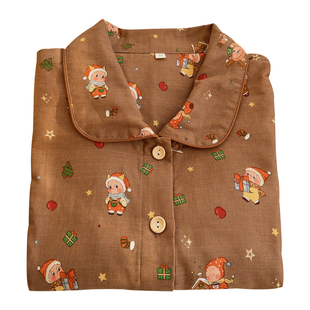 在耳边卡通可爱全棉双层纱家居服女春秋柔软纯棉睡衣套装长袖长裤