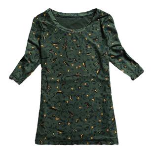中袖上衣女春款2026新款小衫修身印花网纱打底衫五分袖墨绿色t恤