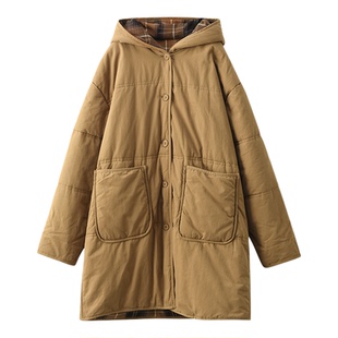 园园美衣冬季复古棉夹棉棉袄女中长款加厚连帽保暖棉服外套