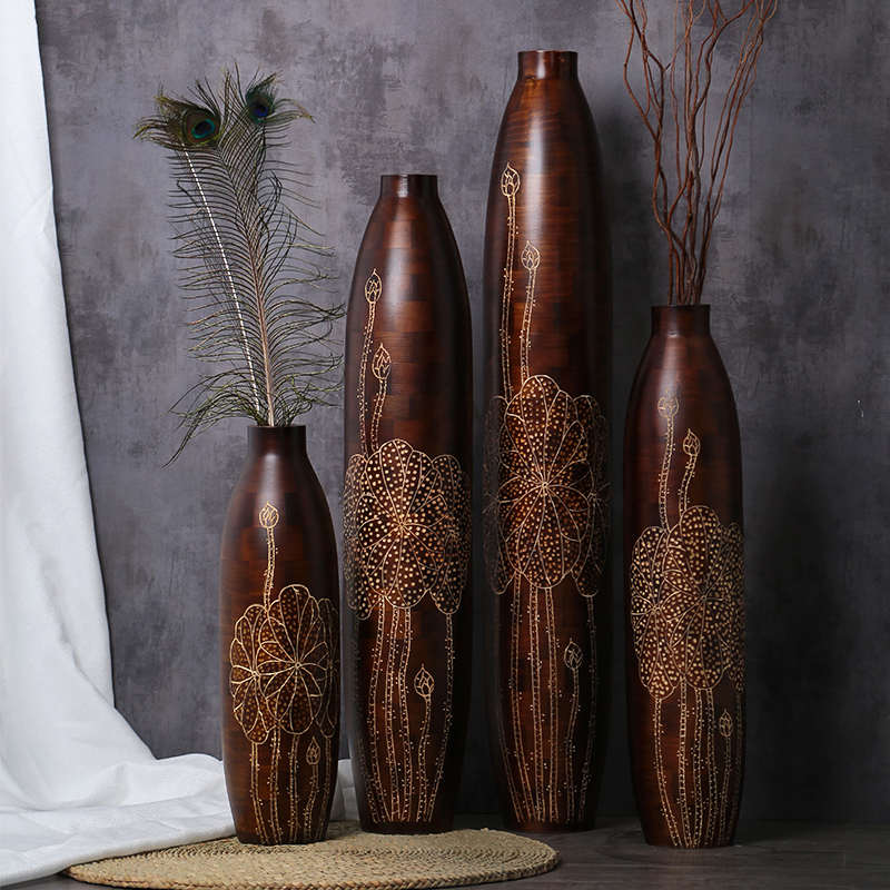 实木中式细高花瓶摆件客厅插花落地大号复古装饰品简约电视套轻奢