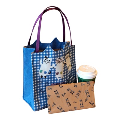 日本出口刺绣格子帆布手提包