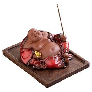 喜迎天下弥勒佛线香插香座家用陶瓷笑佛摆件禅意茶室茶桌面香薰炉