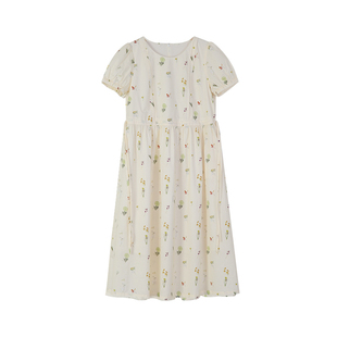 Bruland 减龄清新田园碎花裙纯棉收腰抽褶法式泡泡袖长款连衣裙女