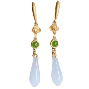 白玉玉石兰花耳坠女气质长款超仙花朵耳环女秋冬款纯银耳饰