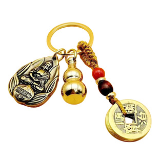 纯铜葫芦本命佛朱砂招财纳福五帝钱钥匙挂件十二生肖平安创意吊坠