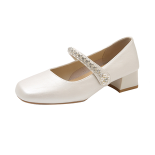 法式方头玛丽珍鞋女2026春季新款水钻粗跟温柔风配裙子单鞋通勤鞋