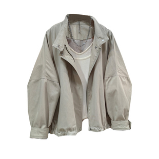 韩系慵懒工装夹克女春新款宽松立领休闲蝙蝠袖小个子短款风衣外套