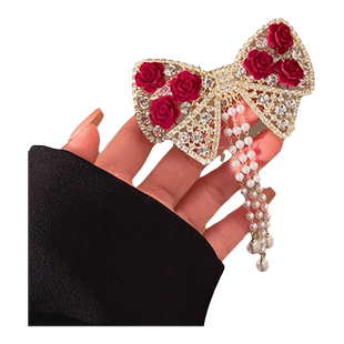 轻奢植绒玫瑰花蝴蝶结流苏发夹女新年红色发卡后脑勺半扎弹簧夹子