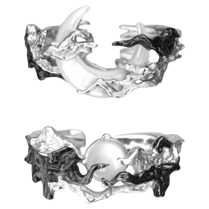 日升换月落系列 925纯银情侣戒指小众原创高级暗黑月亮白玛瑙对戒