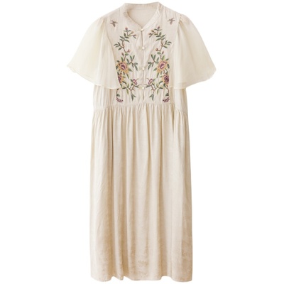 人丝新中式复古刺绣公主袖连衣裙