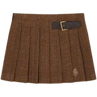 【赵露思同款】TeenieWeenie小熊女半身裙绵羊毛格纹刺绣百褶裙