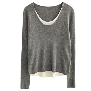 假两件长袖圆领套头针织衫女春季韩版宽松显瘦拼色内搭打底衫毛衣