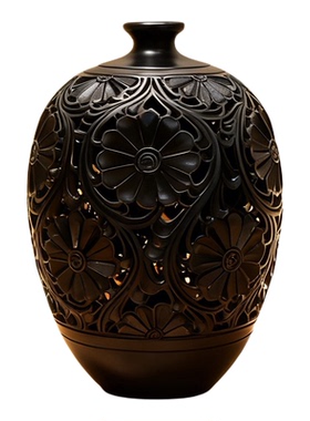 复古镂空雕花黑陶小口长团花瓶